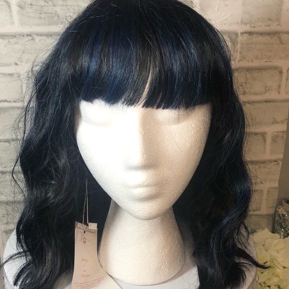 Black with Blue Highlights Shoulder Length Wavy Wig with Blunt Cut Bangs - Picture 2 of 7